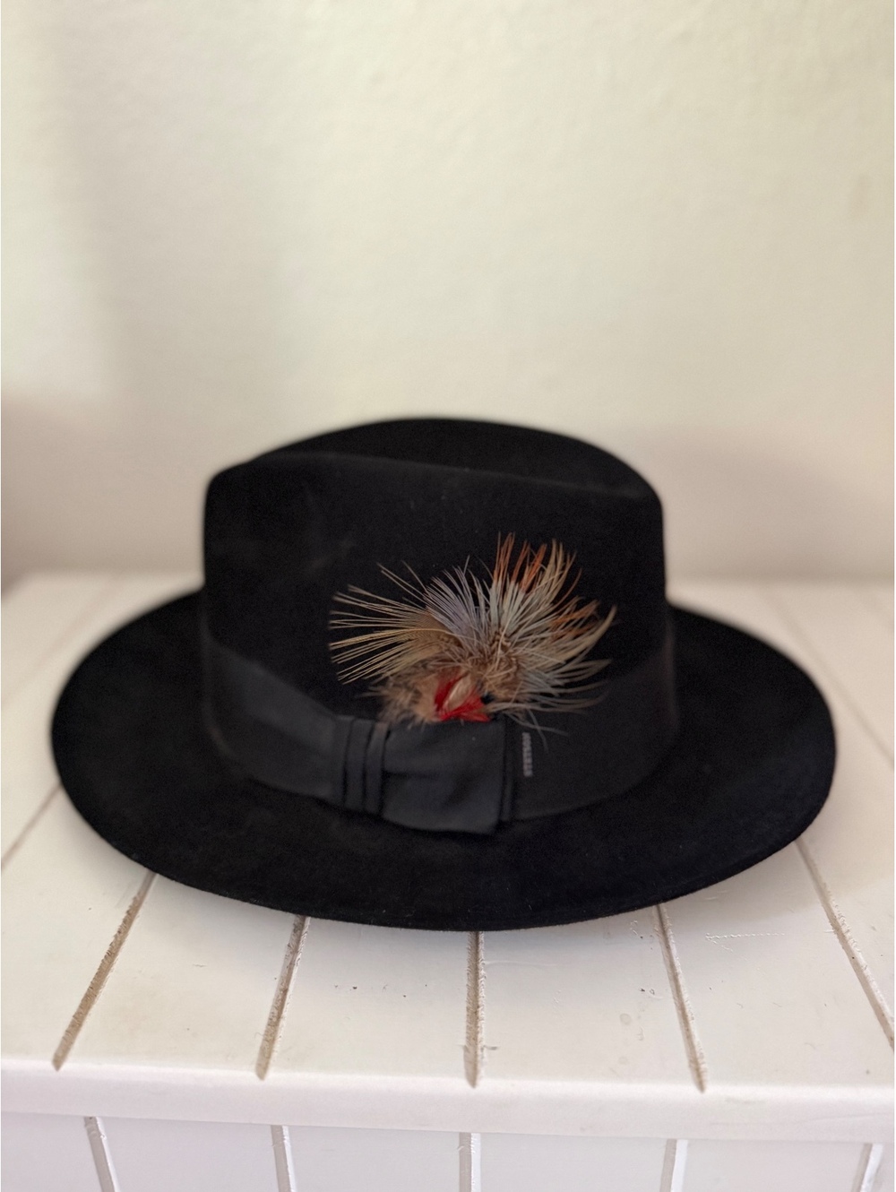 Stetson Temple Sovereign Black Fedora Hat Size 7 56 Fur Felt Feather USA
